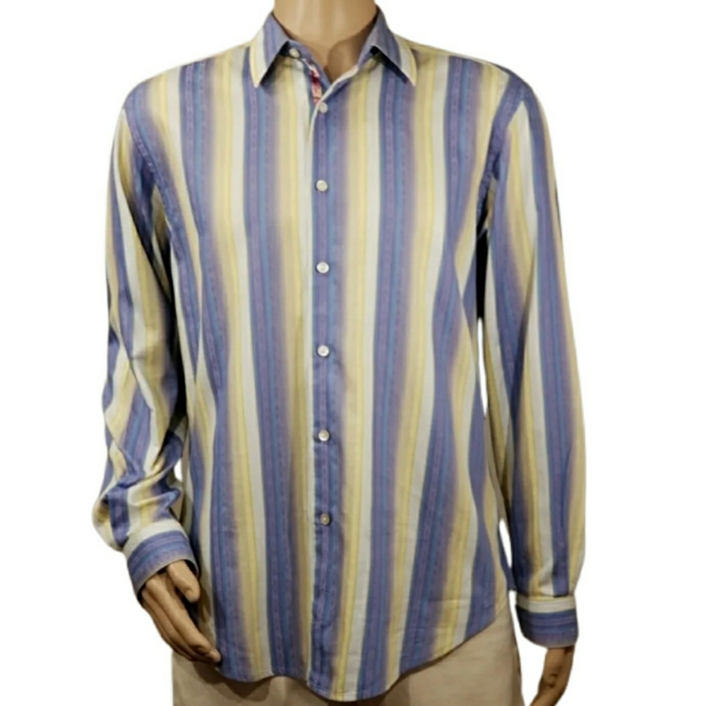 Robert Graham Button Up Striped Dress Shirt Men's Size Large Decorative Cuff